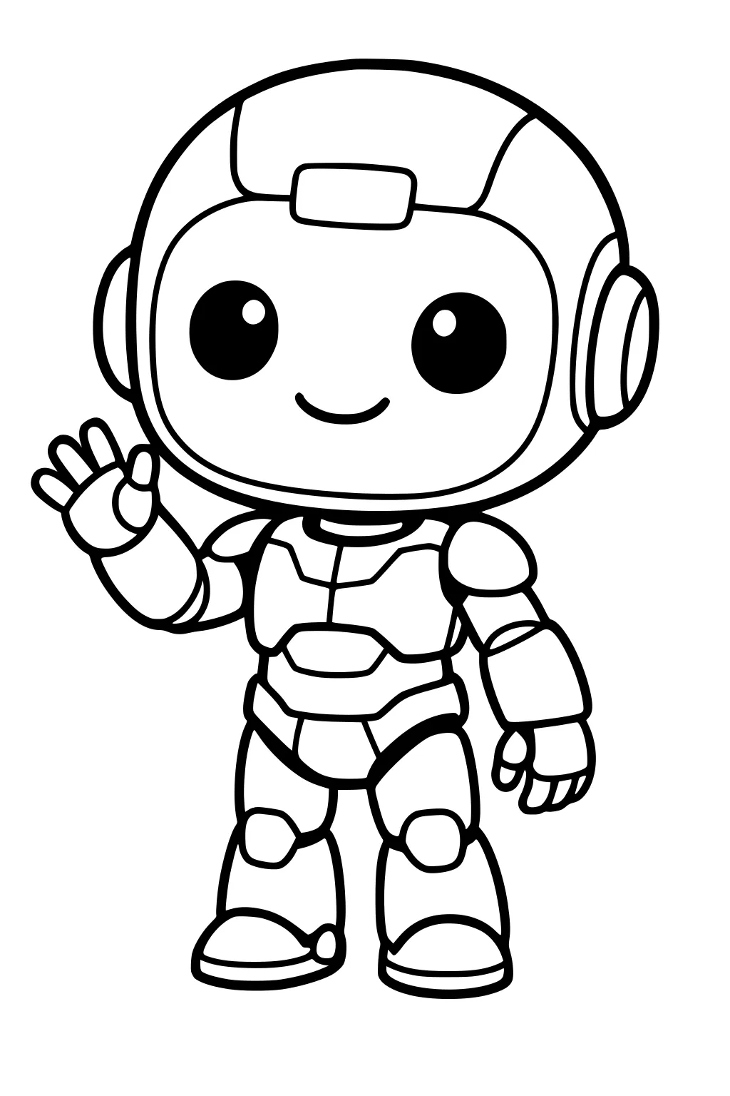 Smiling cartoon robot with big eyes and round helmet, waving one hand, in simple armor and boots, bold outline for coloring.