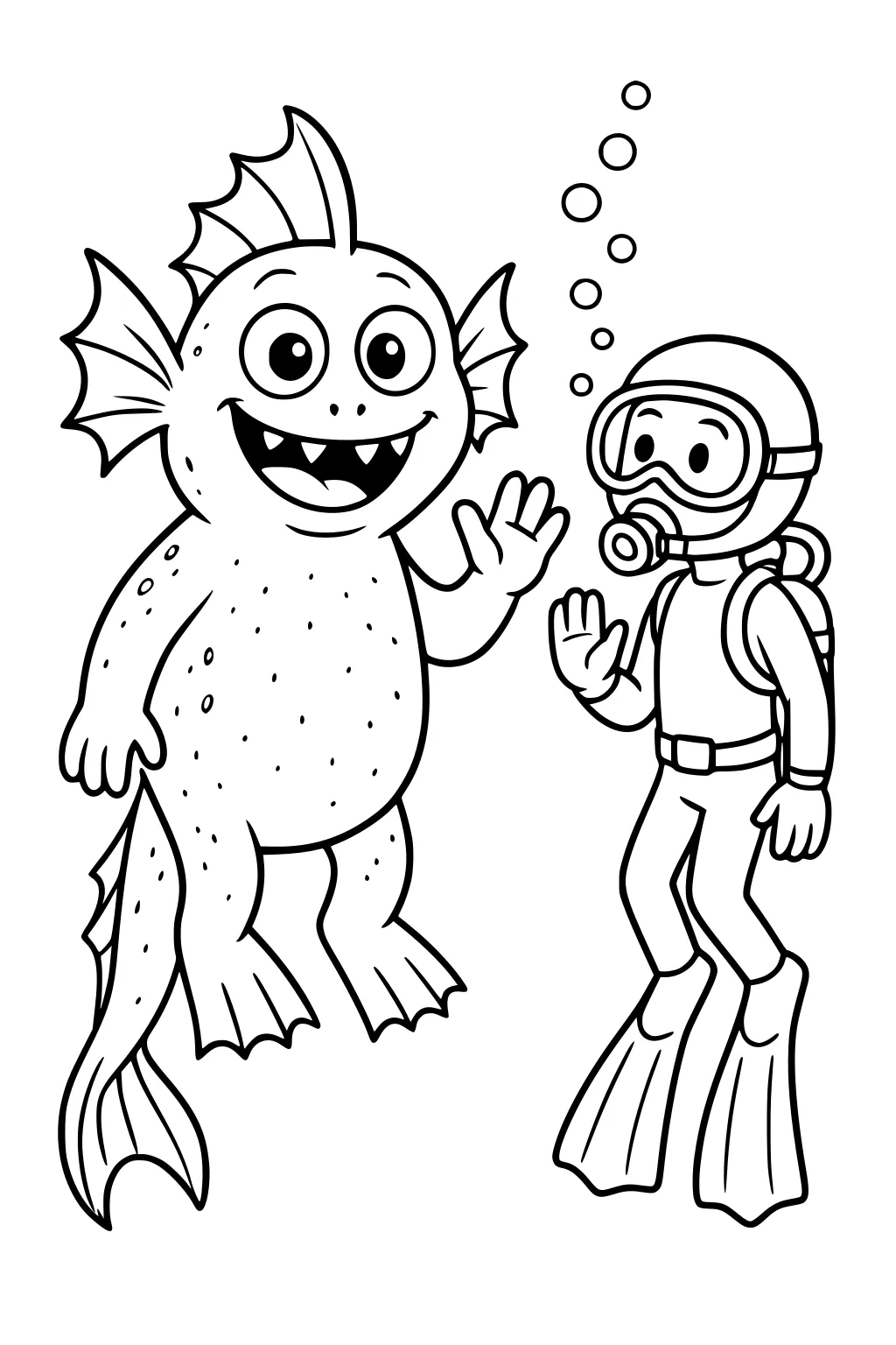 Smiling sea monster waves at a scuba diver as bubbles rise; diver wears mask, tank, air hose, and flippers.