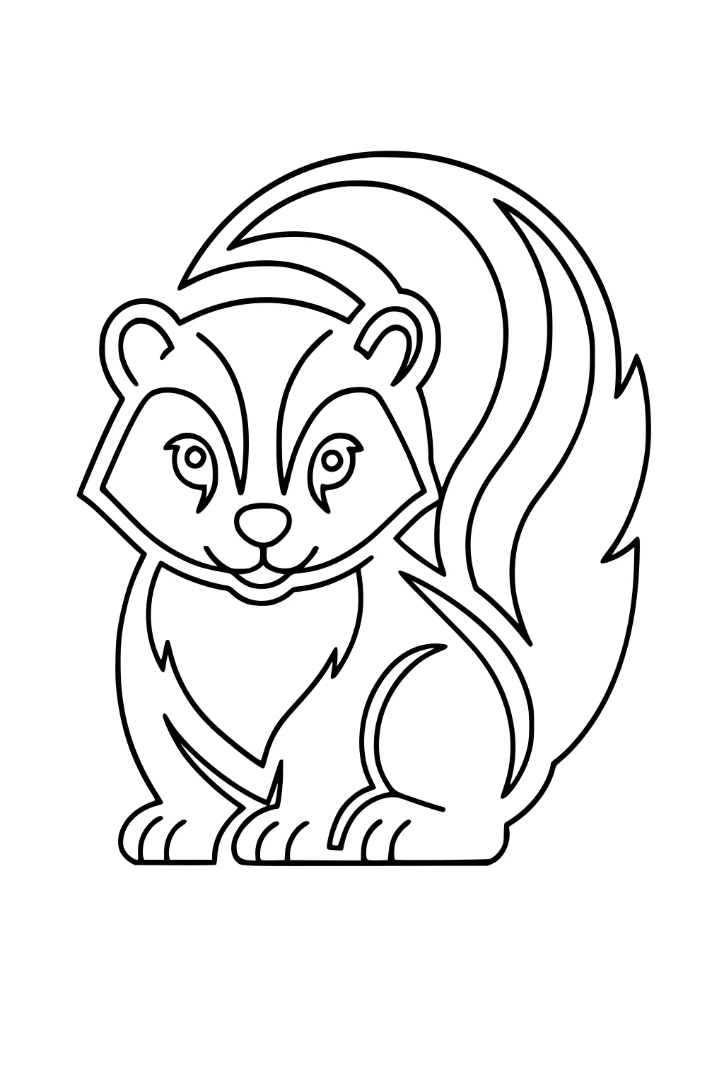 Cartoon skunk sitting with upright tail, smiling and looking forward.