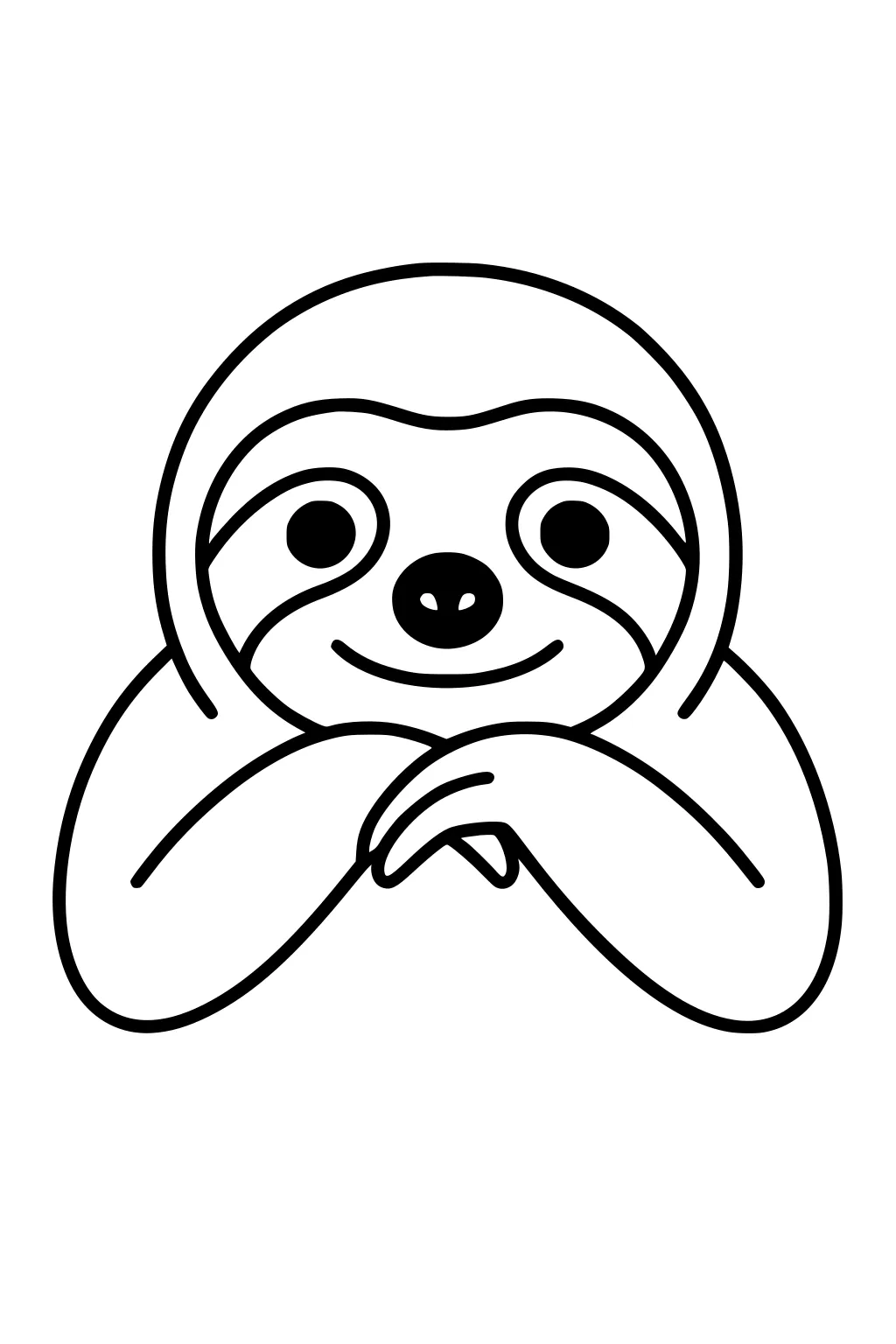 Cartoon sloth resting with chin on crossed arms, smiling gently with big eyes and a round face.