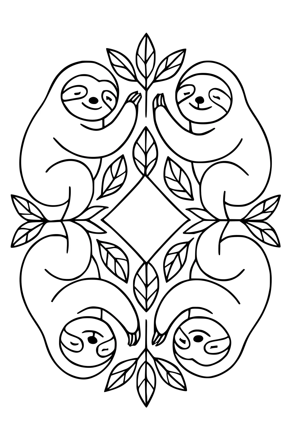 Four smiling sloths in a square layout holding leafy branches with leaves filling the center.