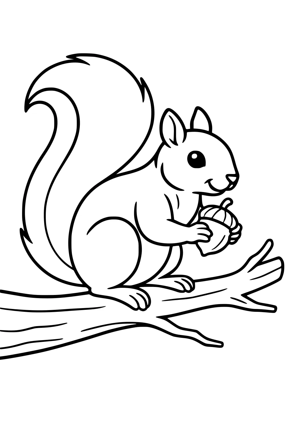 Squirrel with a bushy tail holding an acorn on a tree branch, shown in a cartoon outline style.
