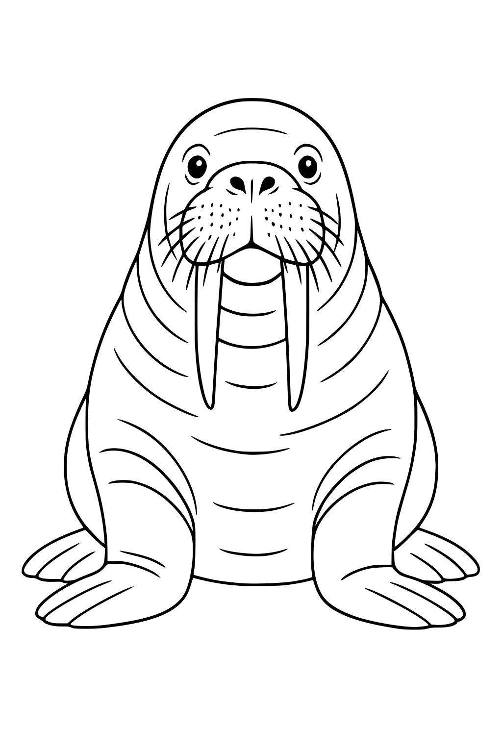 Outline drawing of a walrus with long tusks, round eyes, whiskers, flippers, and wrinkled skin, sitting on the ground.