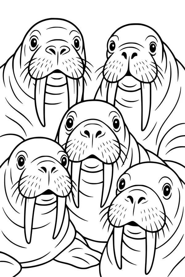Free Walrus Coloring Page - Five Silly Walrus Faces Huddled Together (Printable PDF)