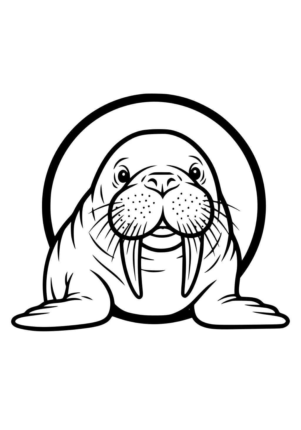 Line drawing of a cheerful walrus with big tusks, flippers spread out, and a circle behind its head.