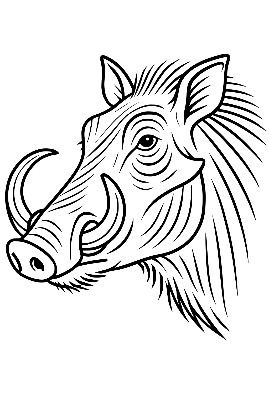 Black outline drawing of a warthog's head with large tusks, spiky mane, and visible ear details.