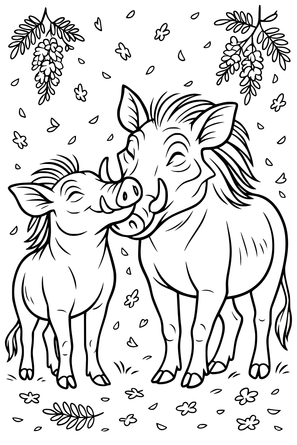 Adult warthog and young warthog nuzzling under hanging leafy branches, surrounded by flower petals on the ground.