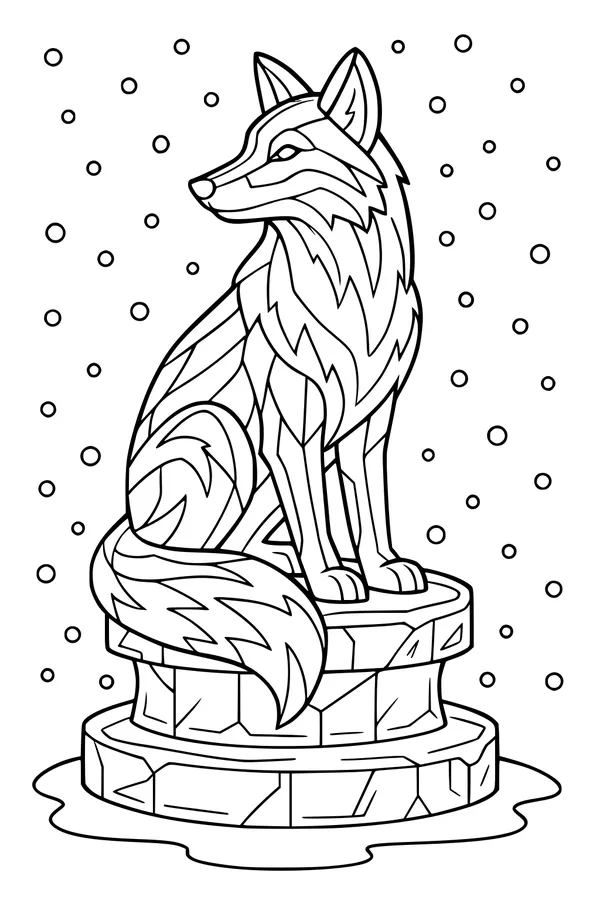 Free Fox Coloring Page - Sitting On Winter Ice Pedestal (Printable PDF)