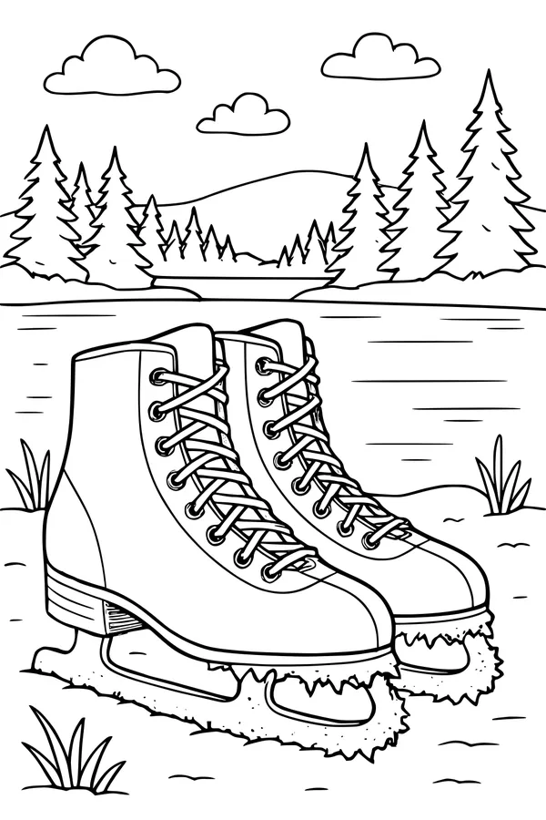 Free Christmas Ice Skates Coloring Page - Frozen Lakeside Winter Scene (Printable PDF)