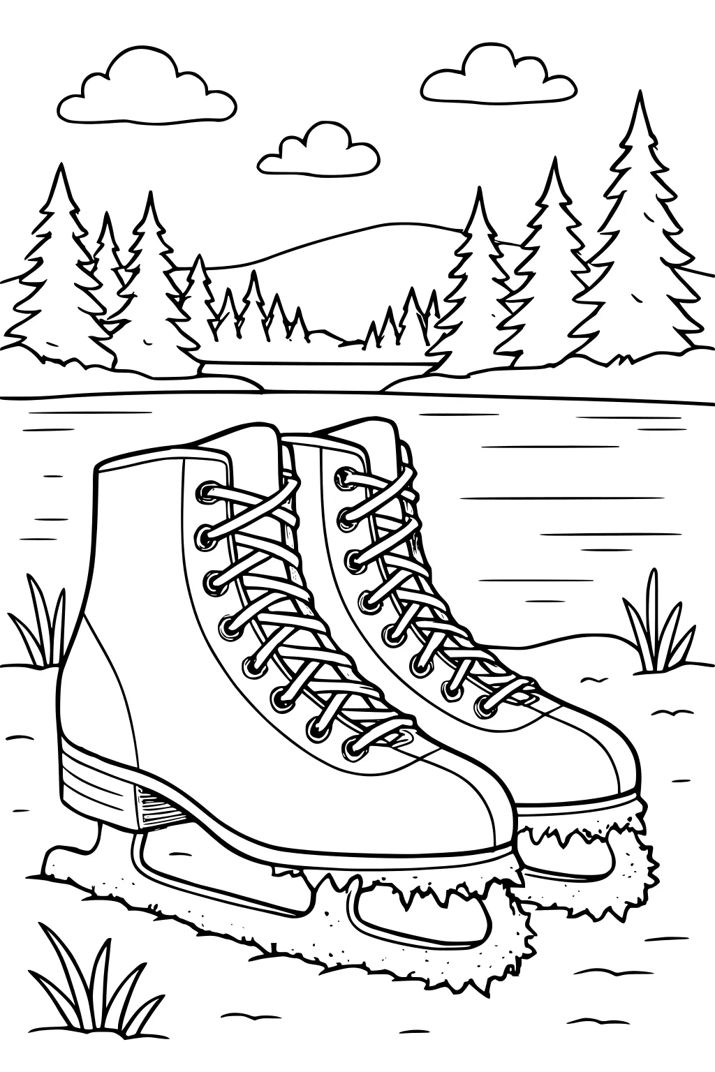 Ice skates with snowy blades beside a frozen lake, tall pine trees and a distant hill under puffy clouds.