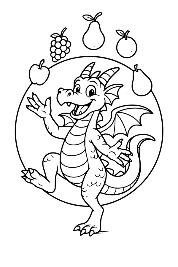 Free Dragon Coloring Page - Happy Fruit Juggler Dance (Printable PDF)