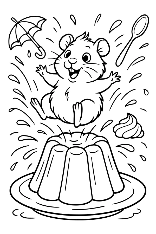 Free Guinea Pig Coloring Page - Bouncing on Jelly Dessert (Printable PDF)