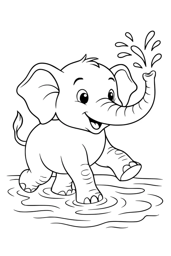 Free Elephant Coloring Page - Cute Baby Splashing Water (Printable PDF)
