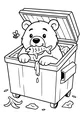 Free Bear Coloring Page - Funny Bear Eating Snacks in a Garbage Bin (Printable PDF)