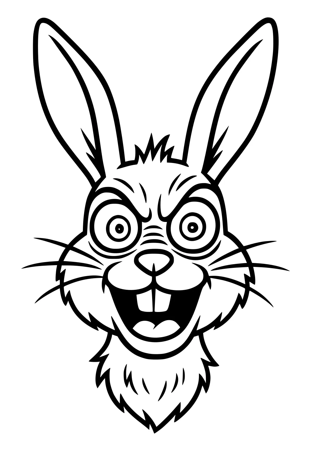 Line art of a surprised rabbit face with upright ears, wide eyes, two big front teeth, and furry cheeks and chin.