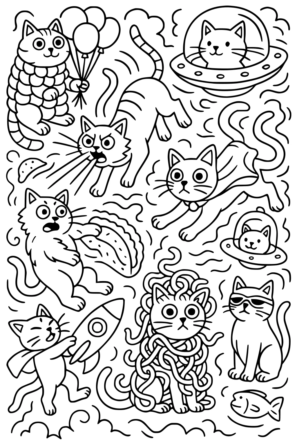 Several cartoon cats doing silly things such as wearing capes, riding spaceships, eating tacos, and holding balloons.