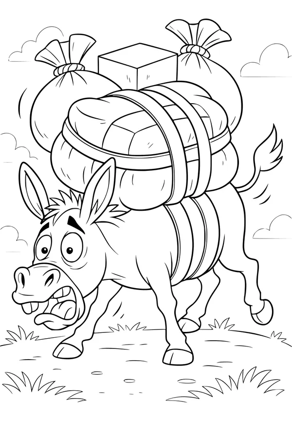 Free Donkey Coloring Page - Silly Cartoon Donkey With Heavy Load (Printable PDF)