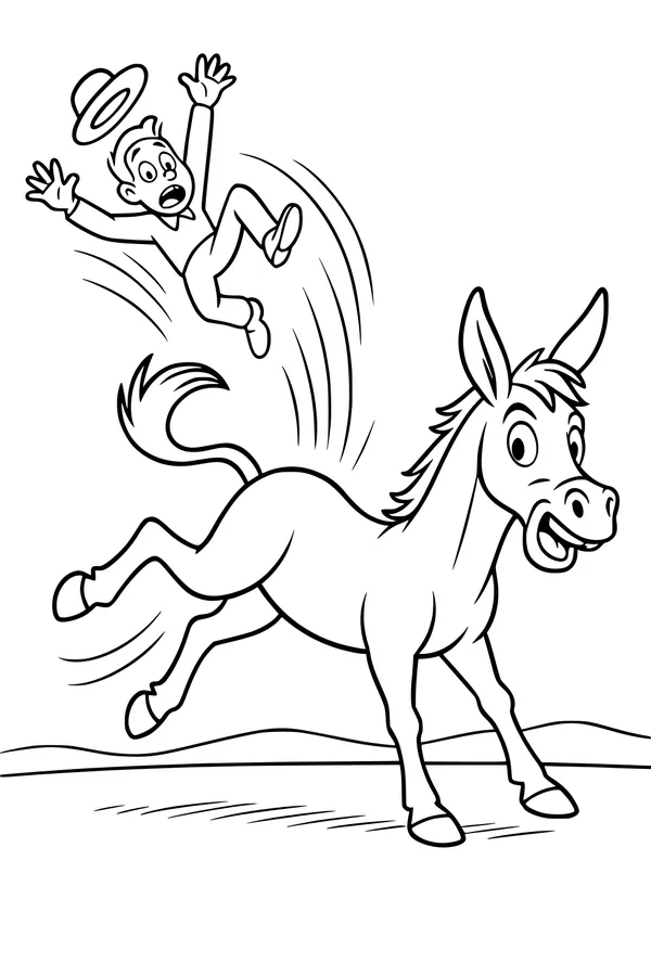 Free Donkey Coloring Page - Funny Bucking Cowboy Scene (Printable PDF)