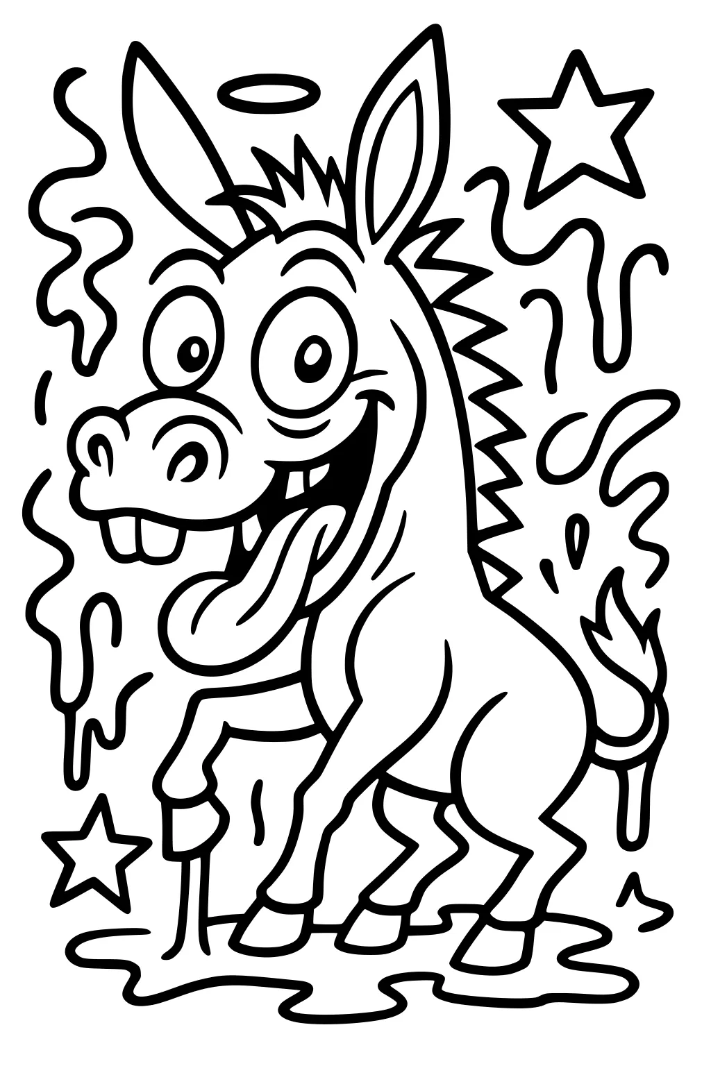 Goofy cartoon donkey with big eyes, tongue out, spiky mane, raised hoof, surrounded by stars and squiggles.