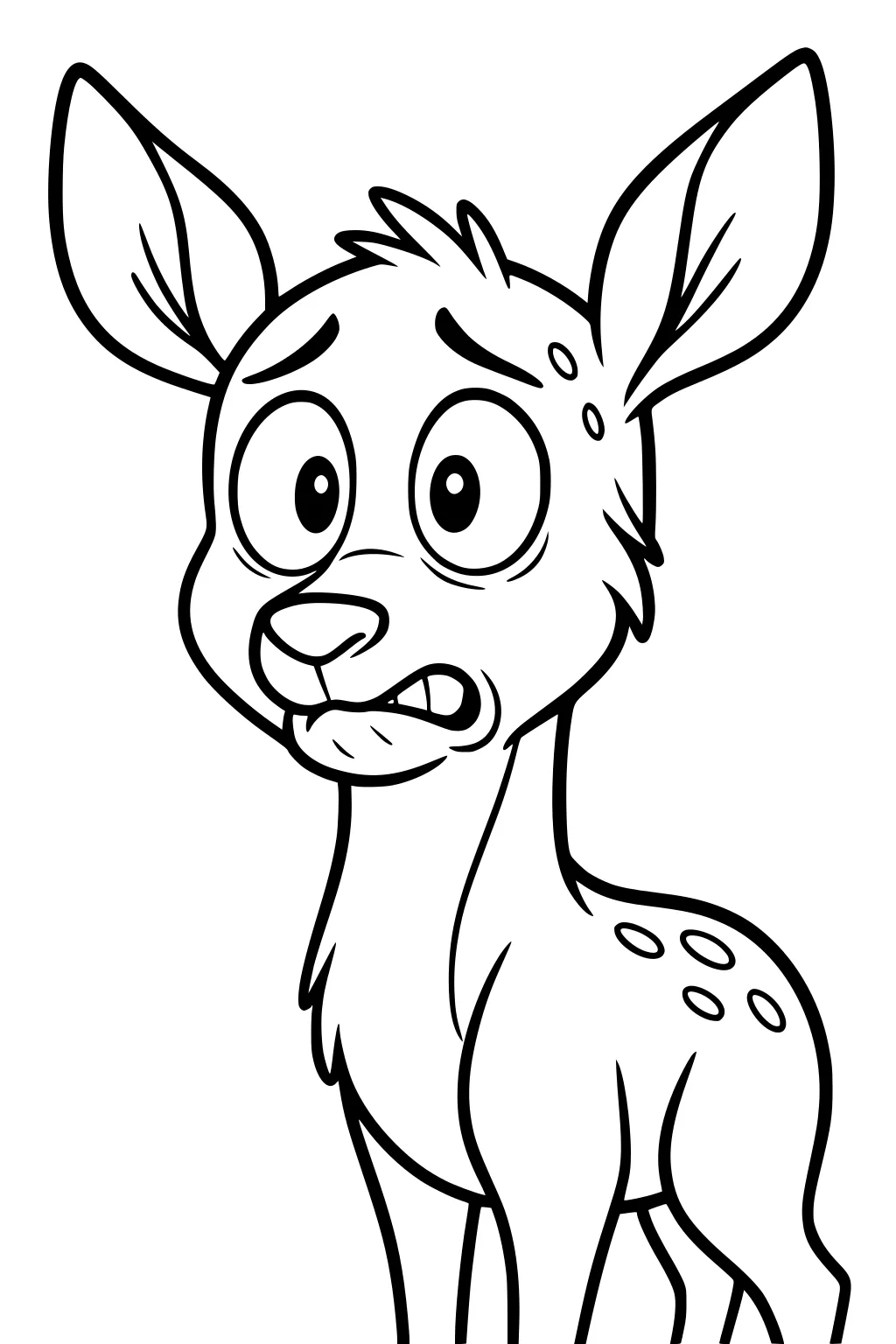Cartoon fawn with big eyes, raised eyebrows, large pointed ears, and a worried mouth, with spots on its back.