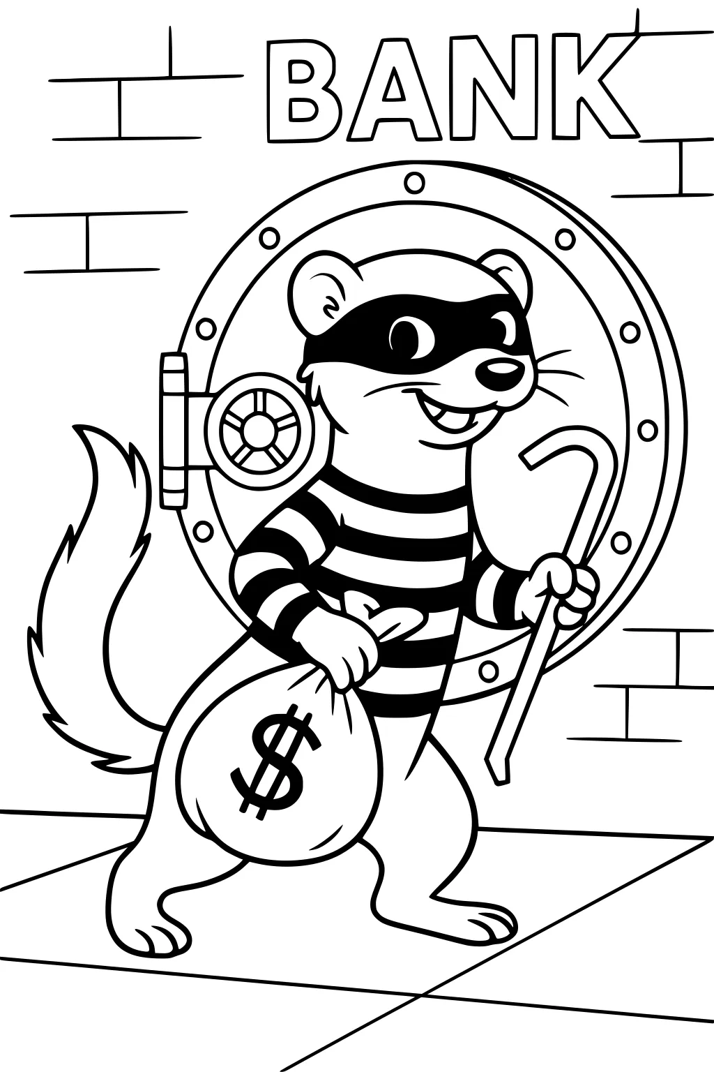 A ferret in a striped shirt and mask holds a crowbar and money bag in front of a bank vault door with BANK written above.