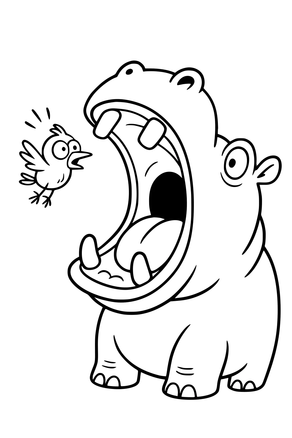 Cartoon hippopotamus with mouth wide open next to a flapping bird with surprised eyes.