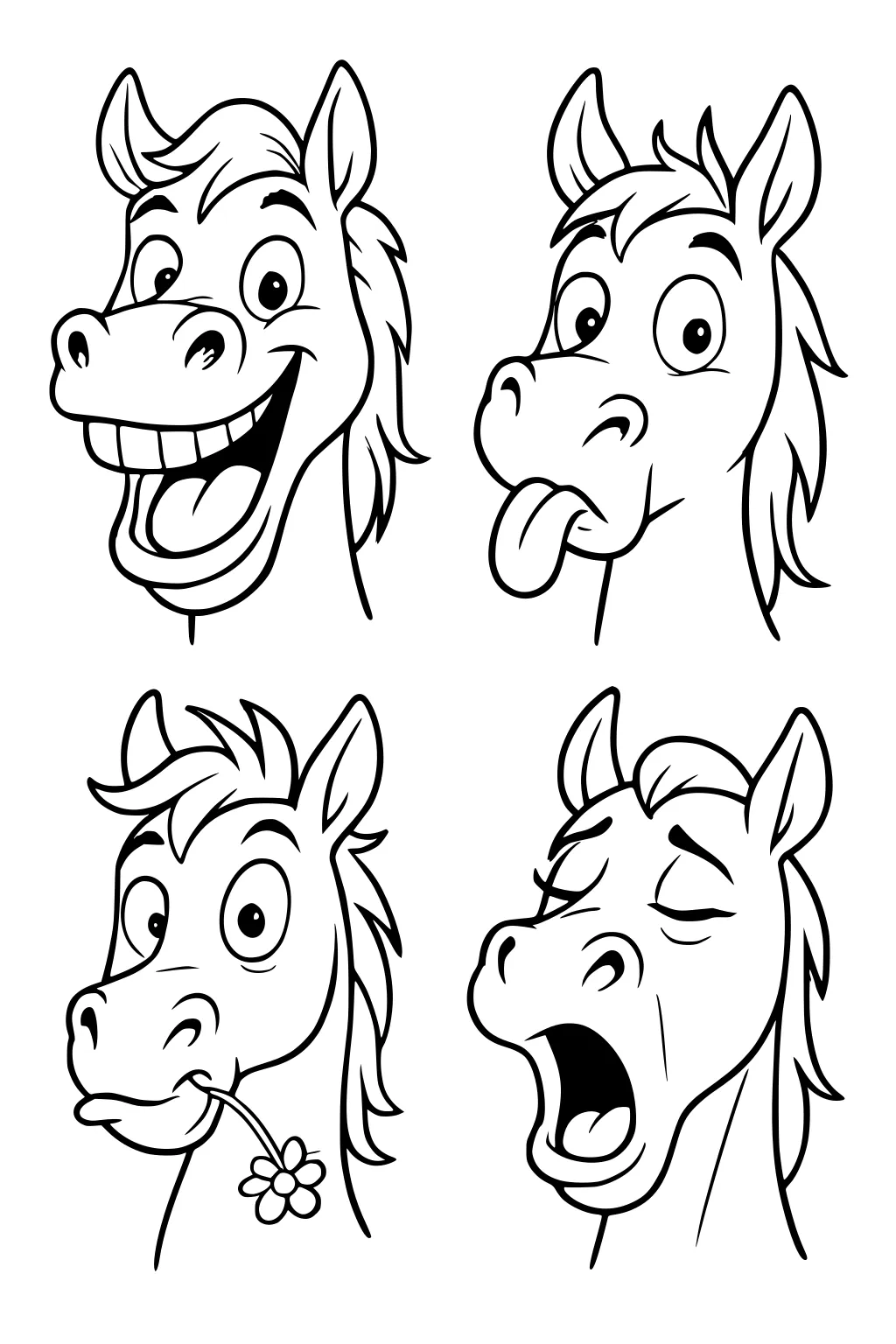 Four cartoon horse heads with funny faces: smiling, tongue out, chewing a daisy, and yawning.