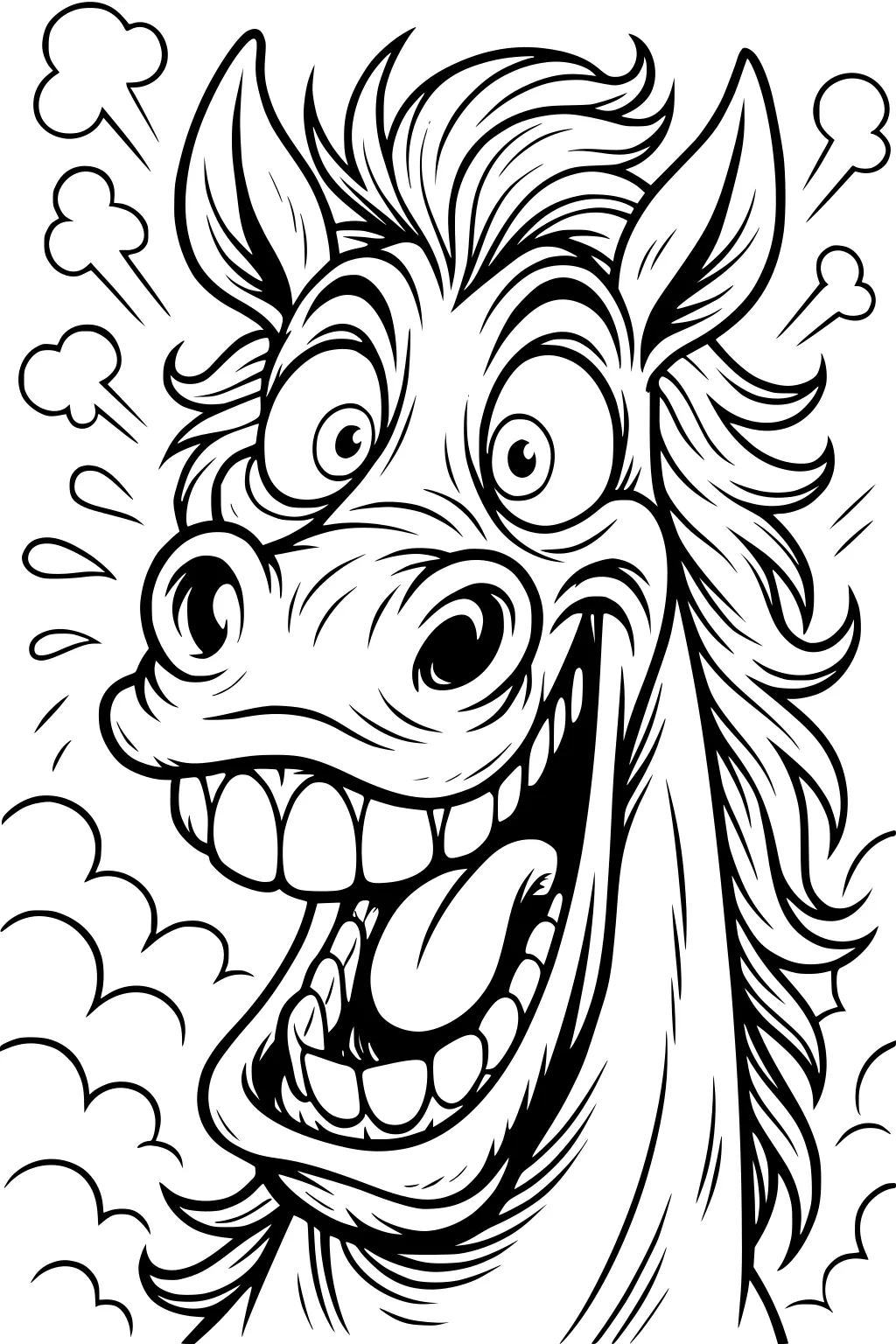 Cartoon horse with wild mane, open mouth, big teeth, silly eyes, and puffs of air around its head.