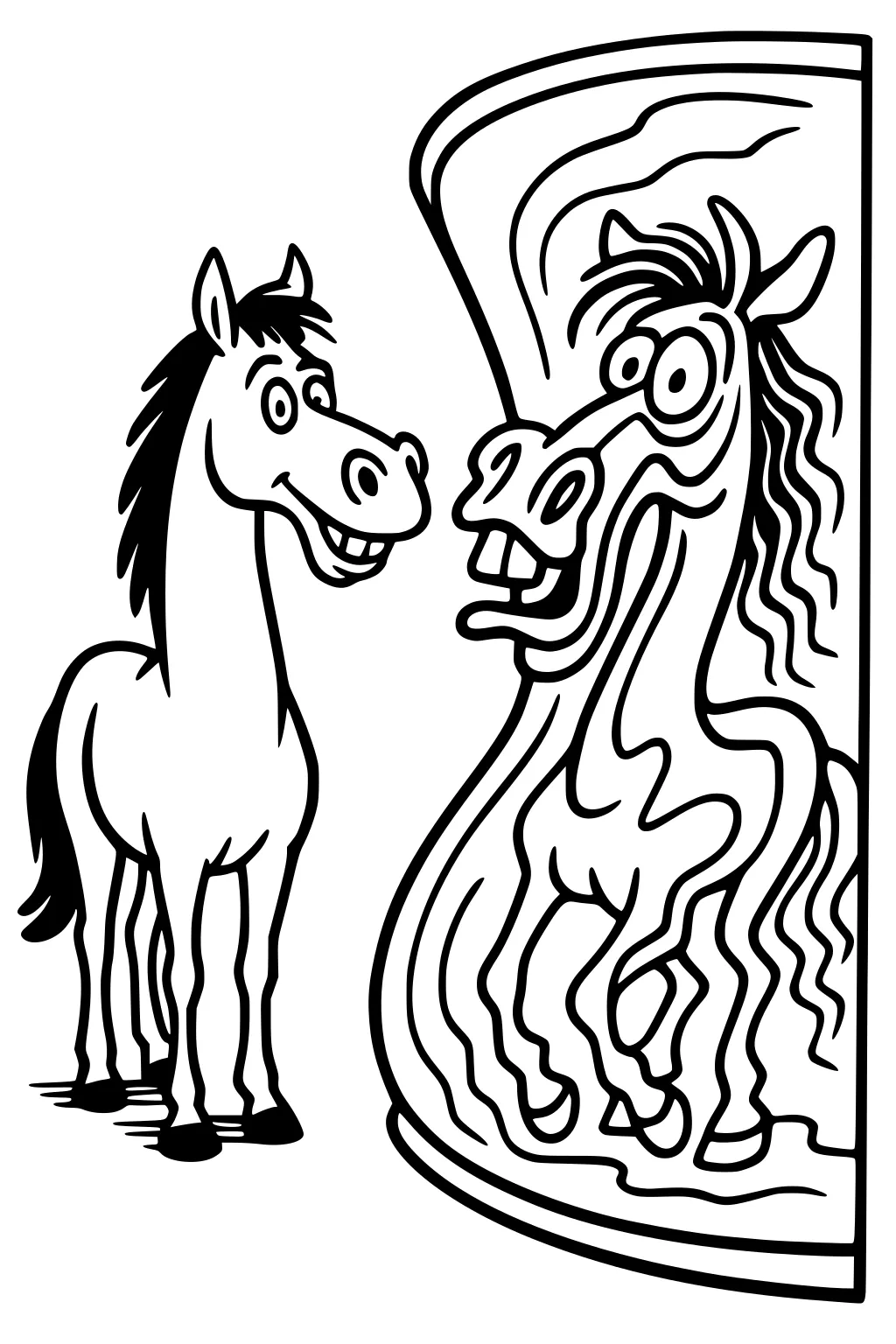 Cartoon horse smiles at its wavy, silly reflection in a big curvy mirror. Bold lines and funny facial expressions.