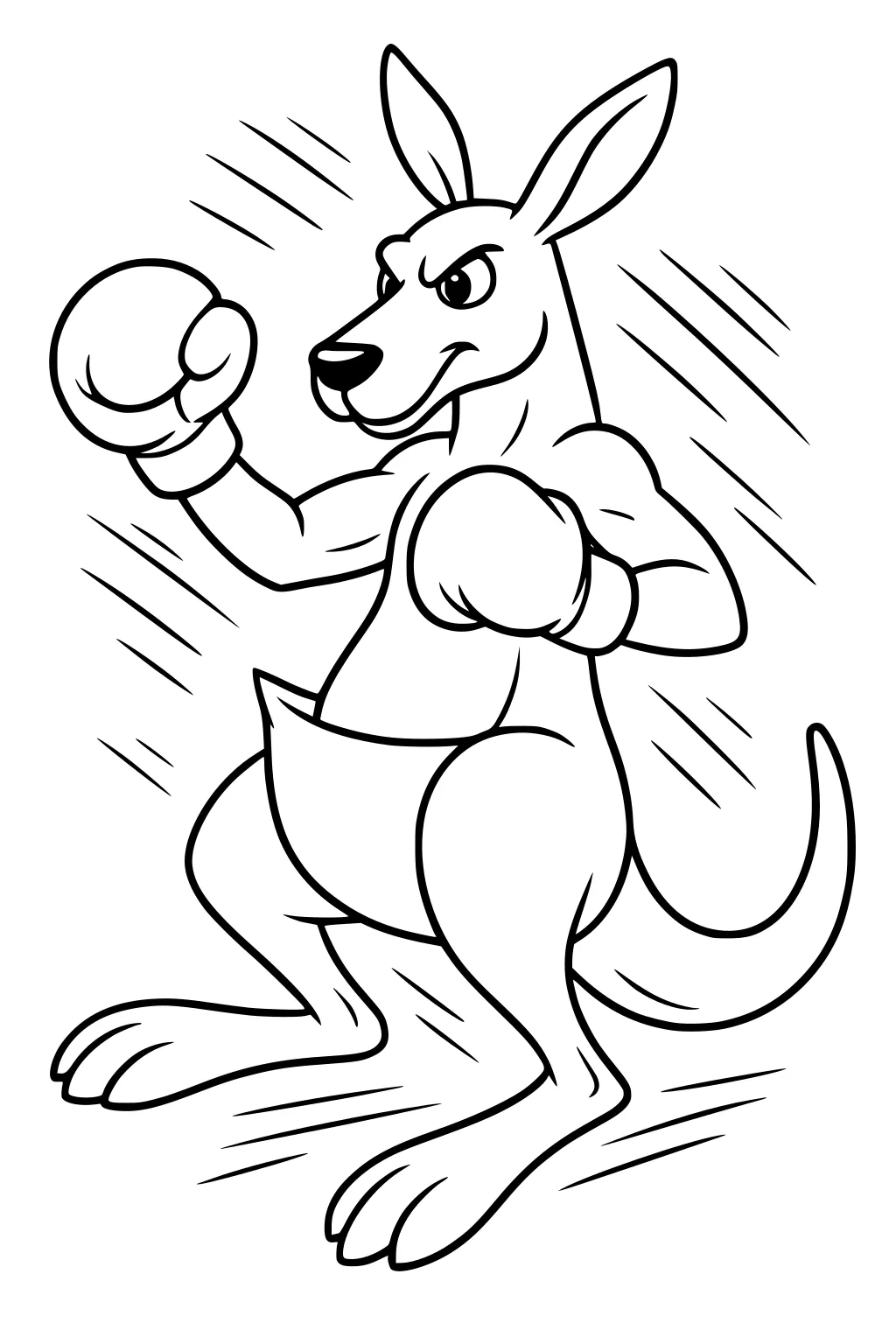 Cartoon kangaroo standing upright with boxing gloves and motion lines, looking ready to box.