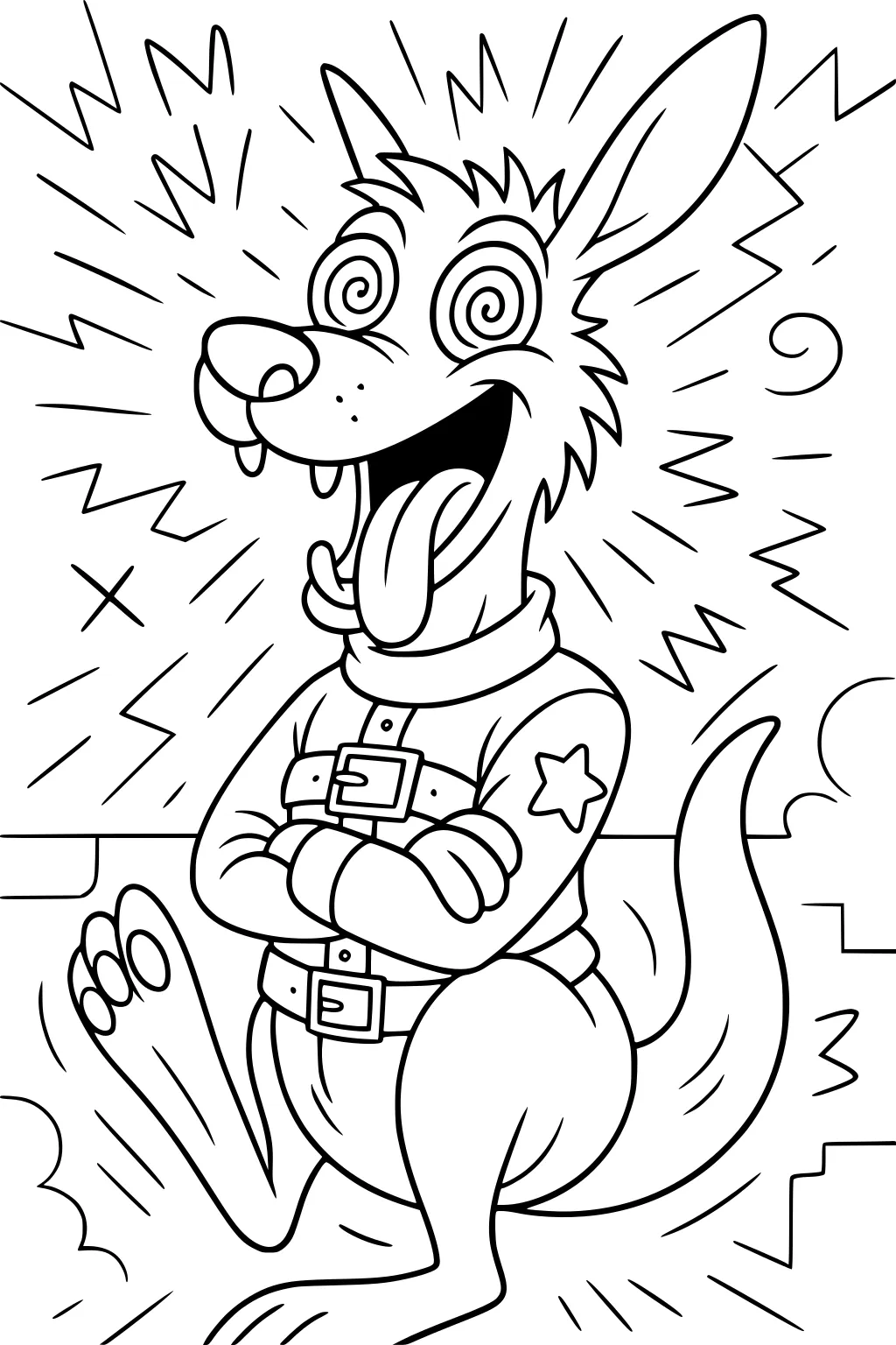 Cartoon kangaroo with spiral eyes, a sheriff jacket, crossed arms, and wild zigzag lines in the background.