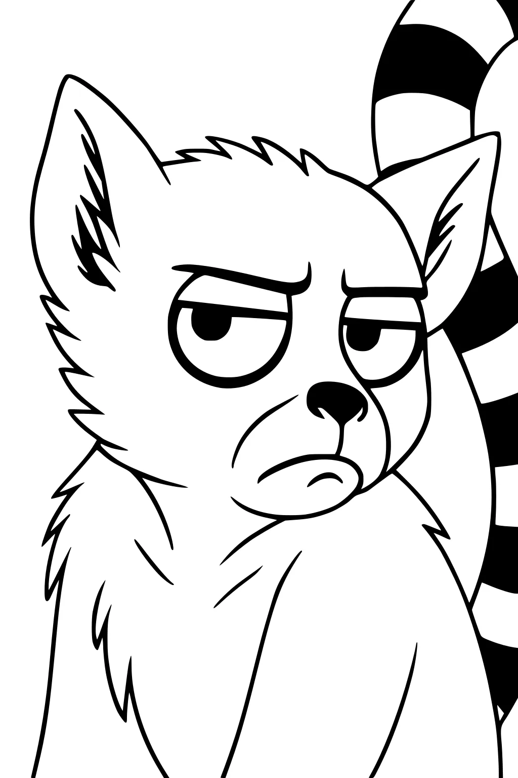 Cartoon lemur with striped tail looking grumpy, facing left with fluffy fur and perked ears.