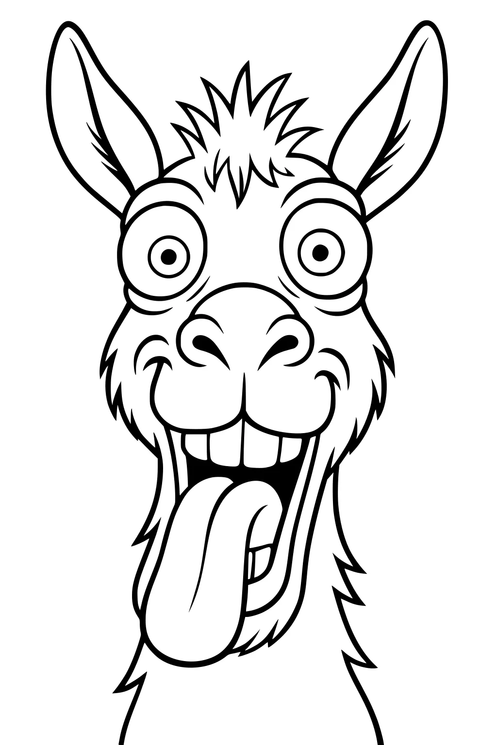 Cartoon llama with bulging eyes, big teeth, shaggy hair, upright ears, and tongue hanging out in a goofy expression.