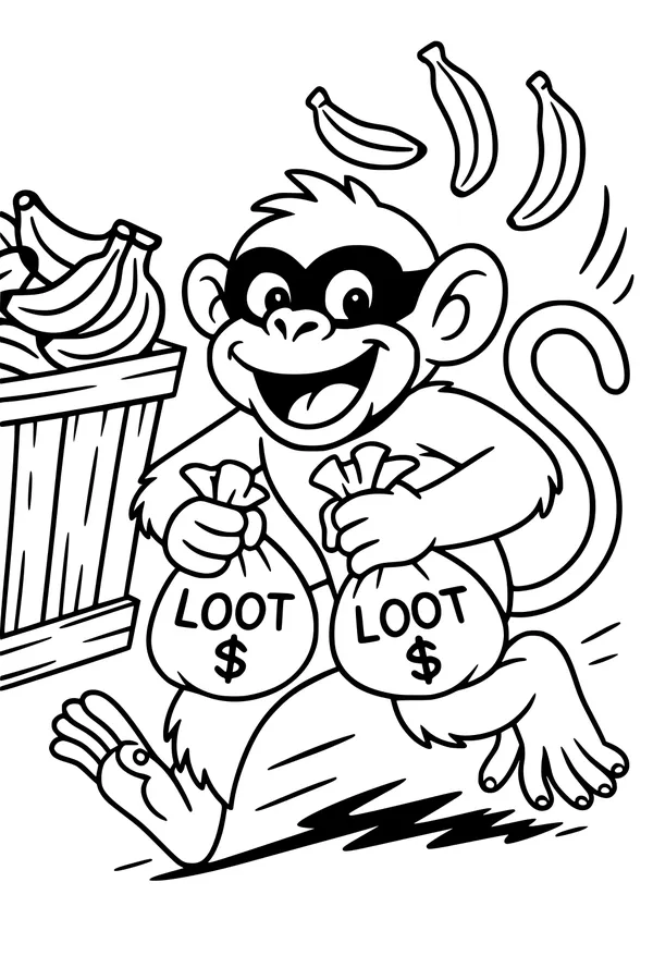 Free Monkey Coloring Page - Masked Banana Bandit Running With Loot (Printable PDF)