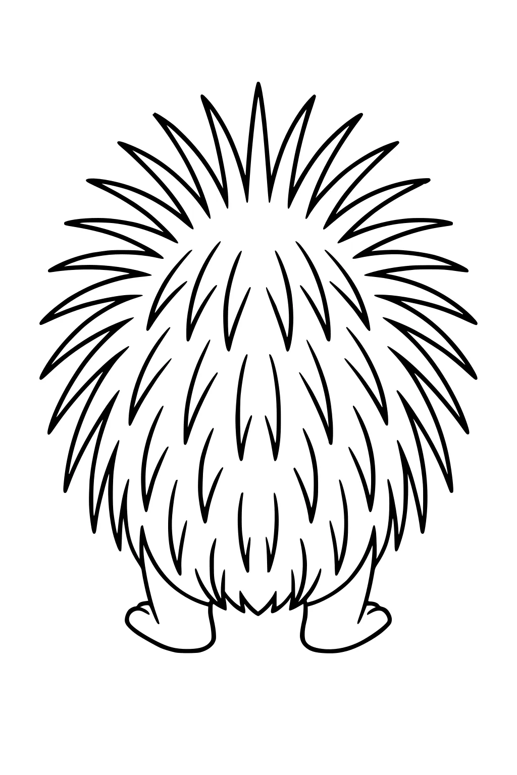 Cartoon porcupine viewed from the back with spiky quills and two round feet showing below.