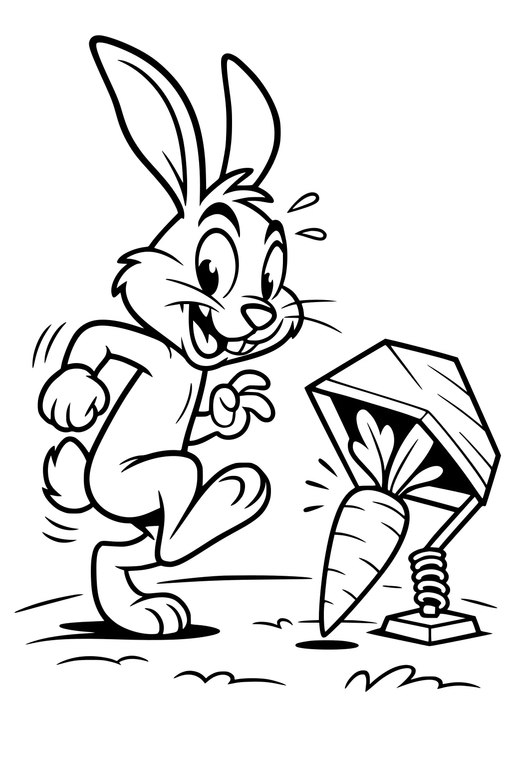 Cartoon rabbit leaping toward a carrot springing from a box, with grass under its feet.