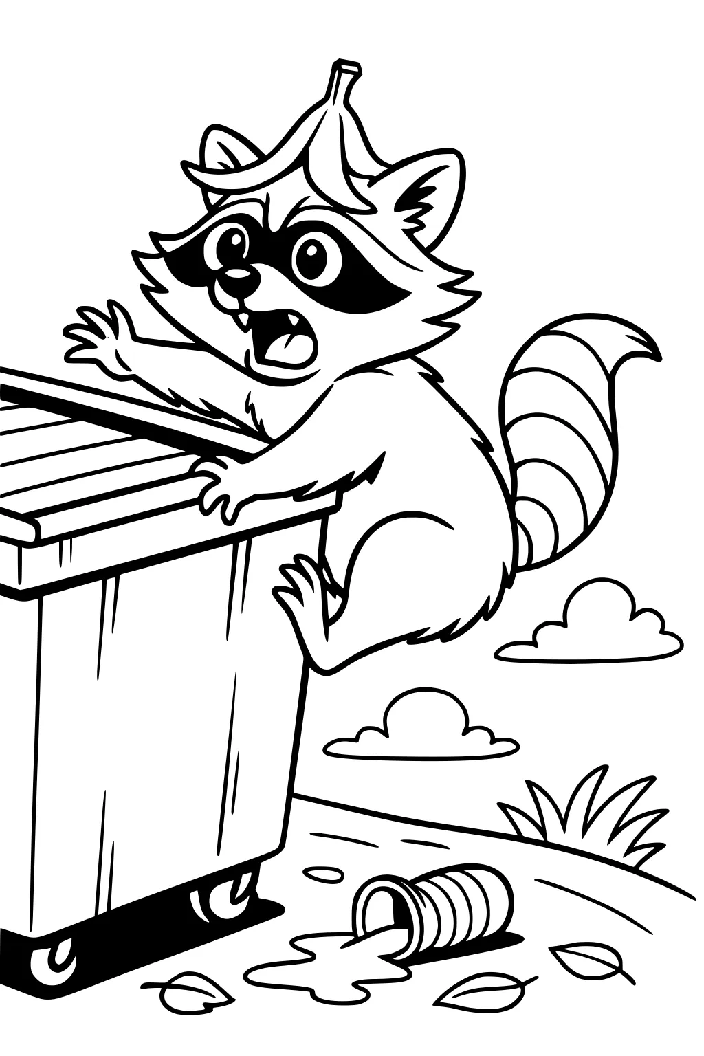 Cartoon raccoon with banana peel hat holding trash bin, spilled can and leaves on ground, puffy clouds in background.