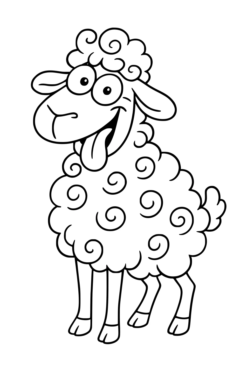 Cartoon sheep with spiraled wool, floppy ears, large eyes, mouth open with tongue out, standing on four legs.