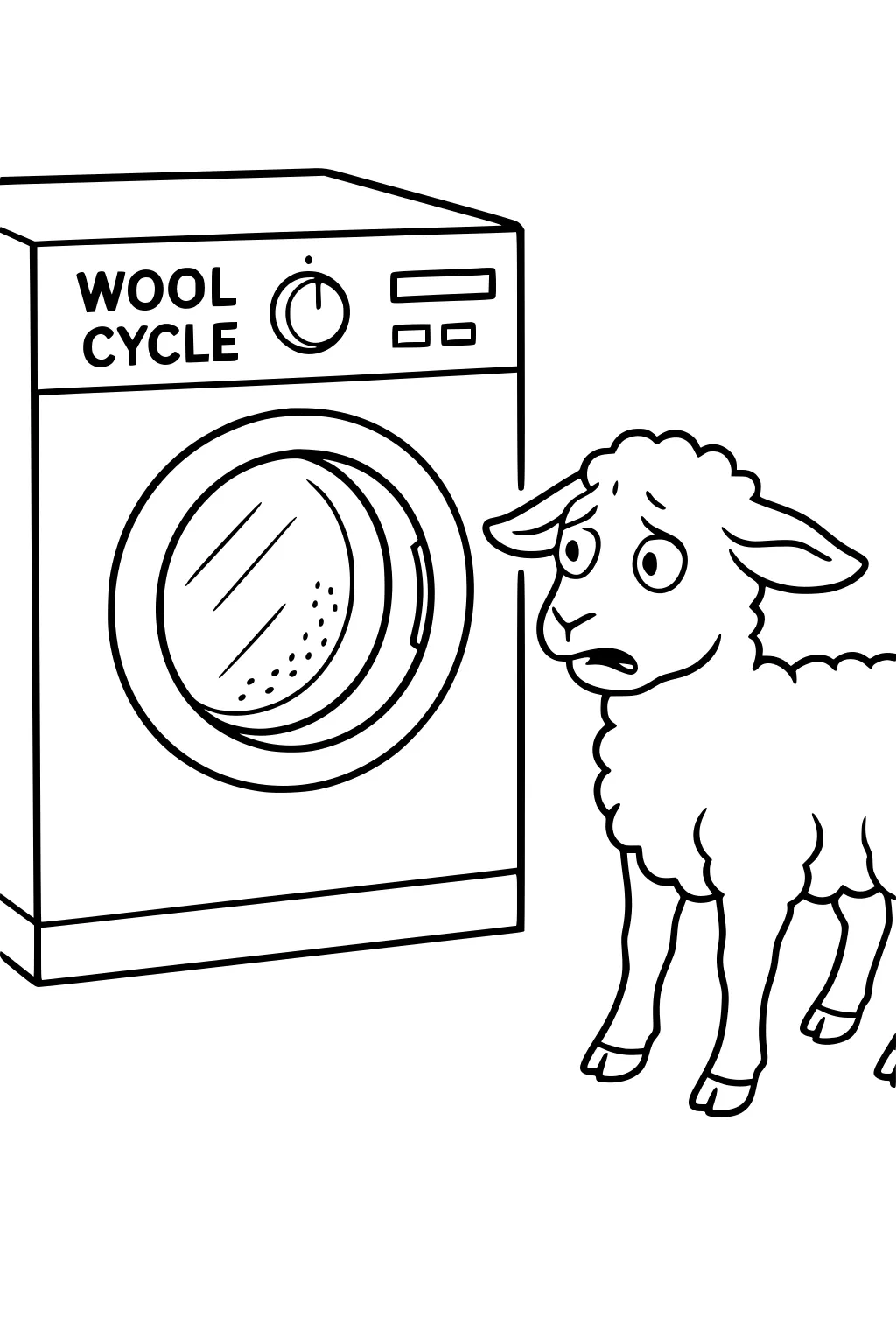 A sheep with a worried face stands near a washing machine with WOOL CYCLE written on it.