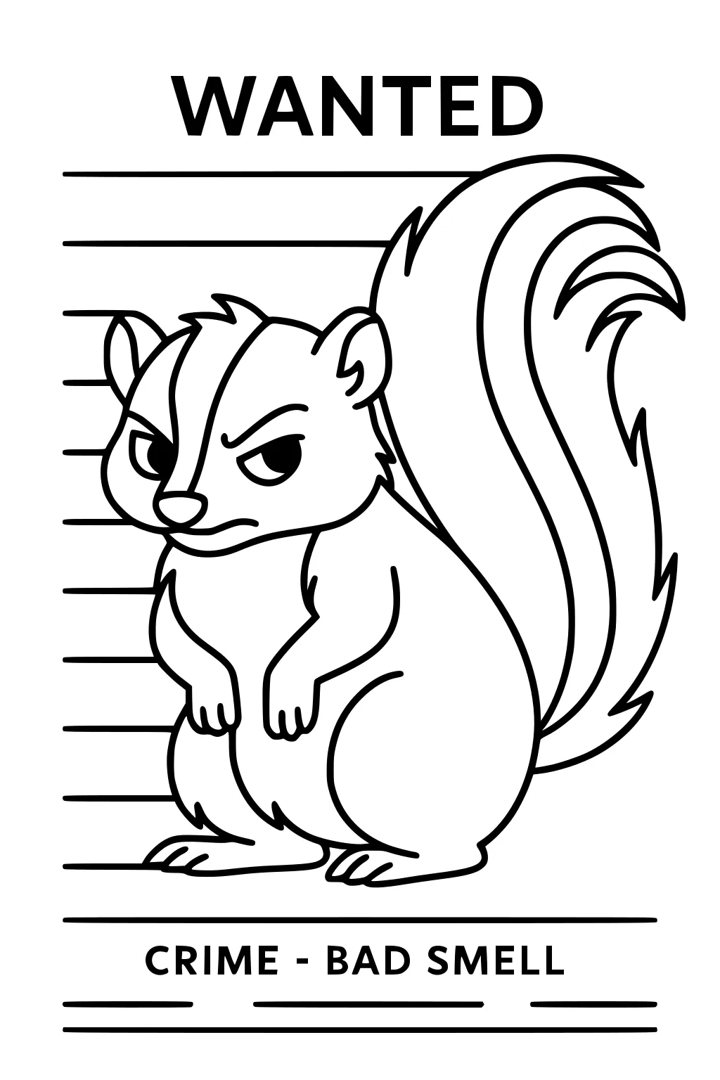 Cartoon skunk mugshot with WANTED sign and crime bad smell, fluffy tail, crossed arms, and bold outline.
