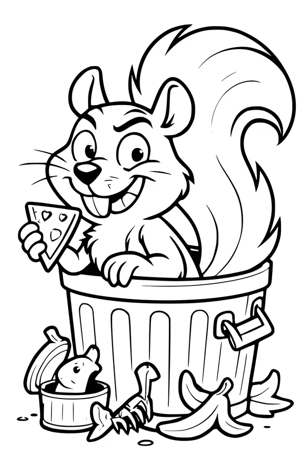 Free Squirrel Coloring Page - Funny Trash Can Pizza Snack (Printable PDF)