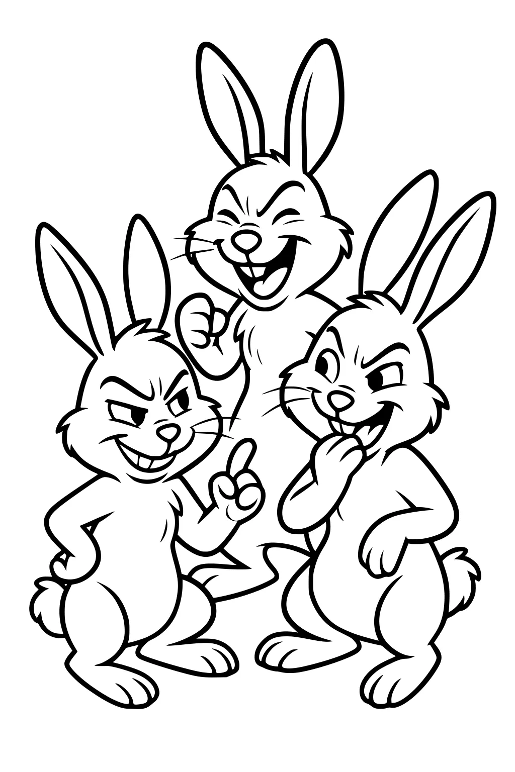 Three cartoon rabbits stand together laughing, smirking, and grinning with expressive faces and big ears.