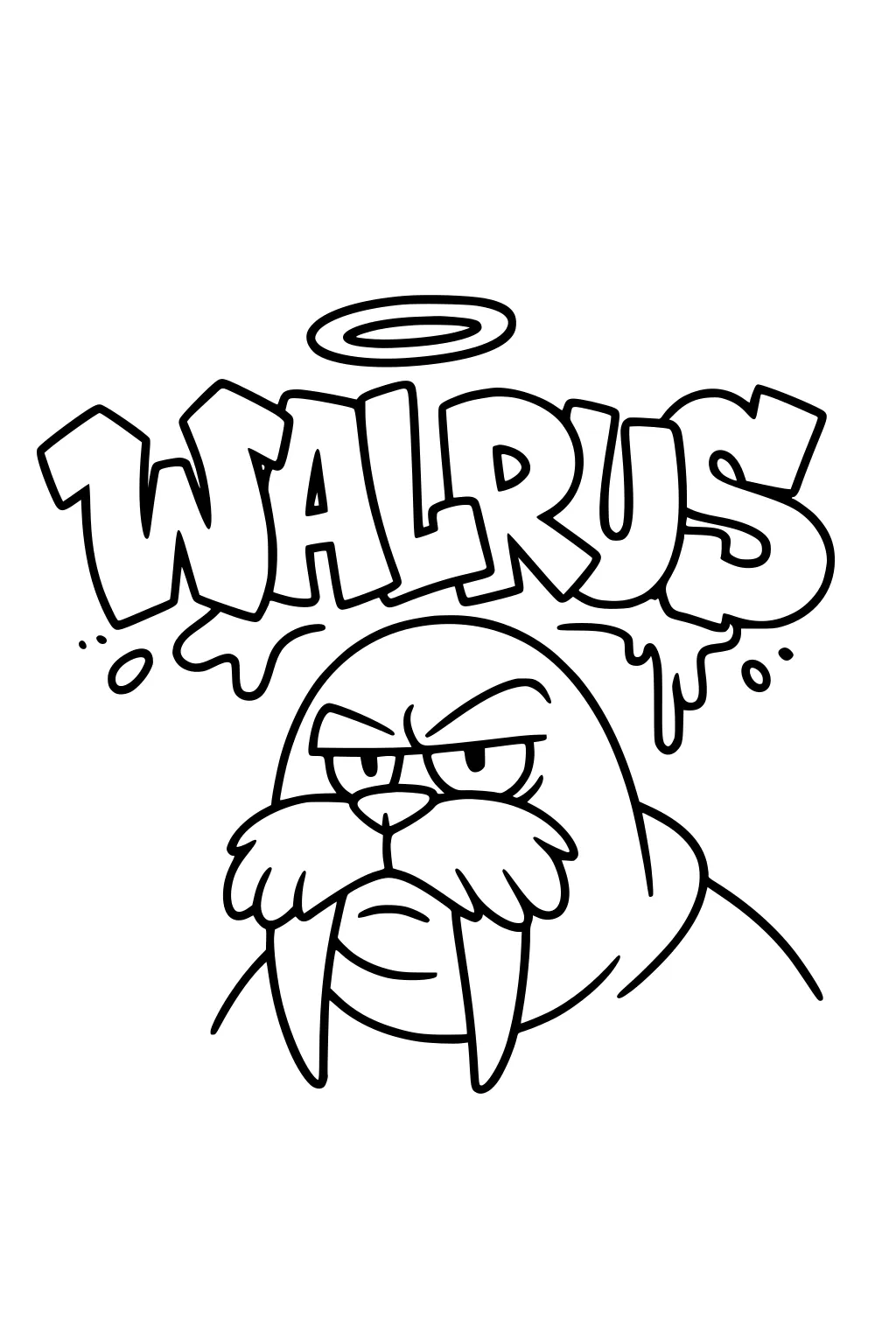 Cartoon walrus with droopy mustache, big tusks, and graffiti-style word WALRUS above his head.