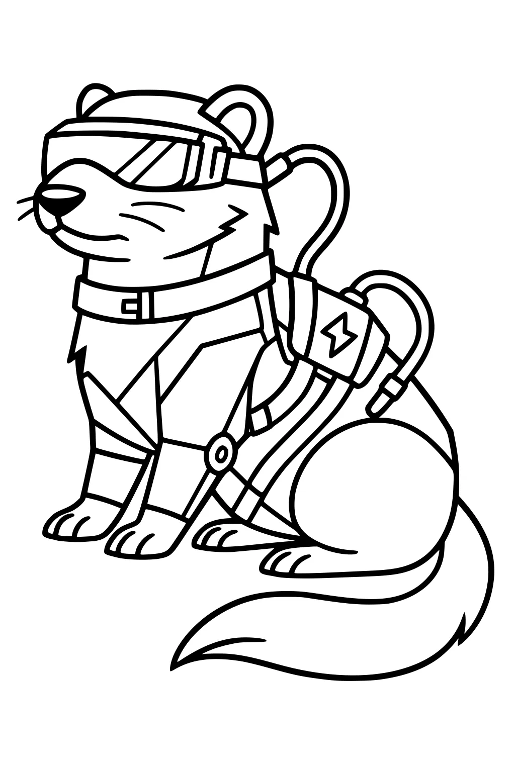 Ferret with goggles, harness, and backpack with tubes, sitting upright with bushy tail and determined expression.