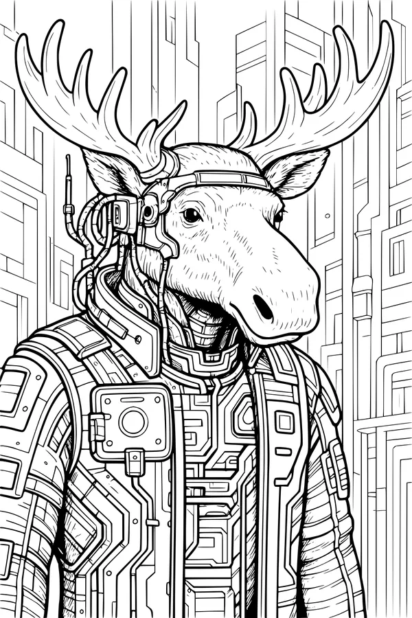 Free Moose Coloring Page - Sci-Fi Explorer in Futuristic City (Printable PDF)