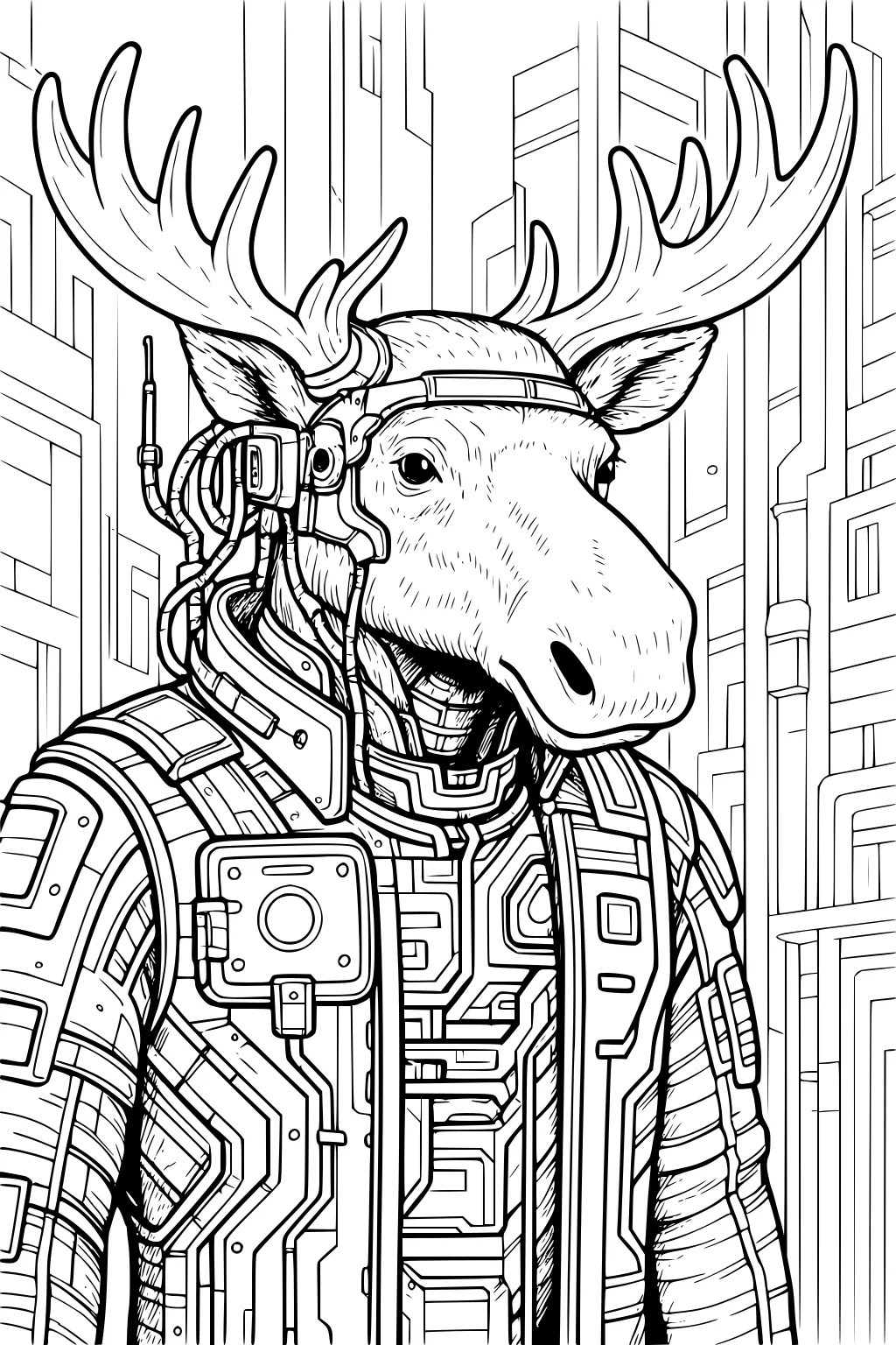 Moose in a high-tech suit with cables and panels, standing in front of futuristic buildings.