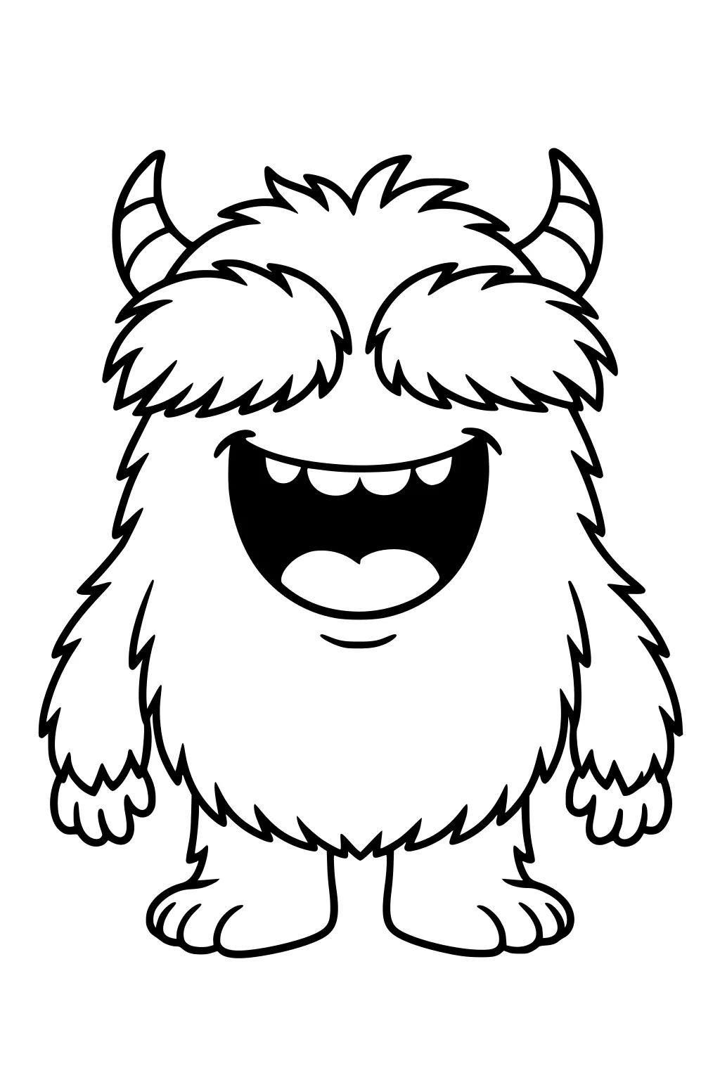 Shaggy boy monster smiling, two striped horns, long bangs over eyes, open mouth with small teeth, short arms and big, rounded feet.