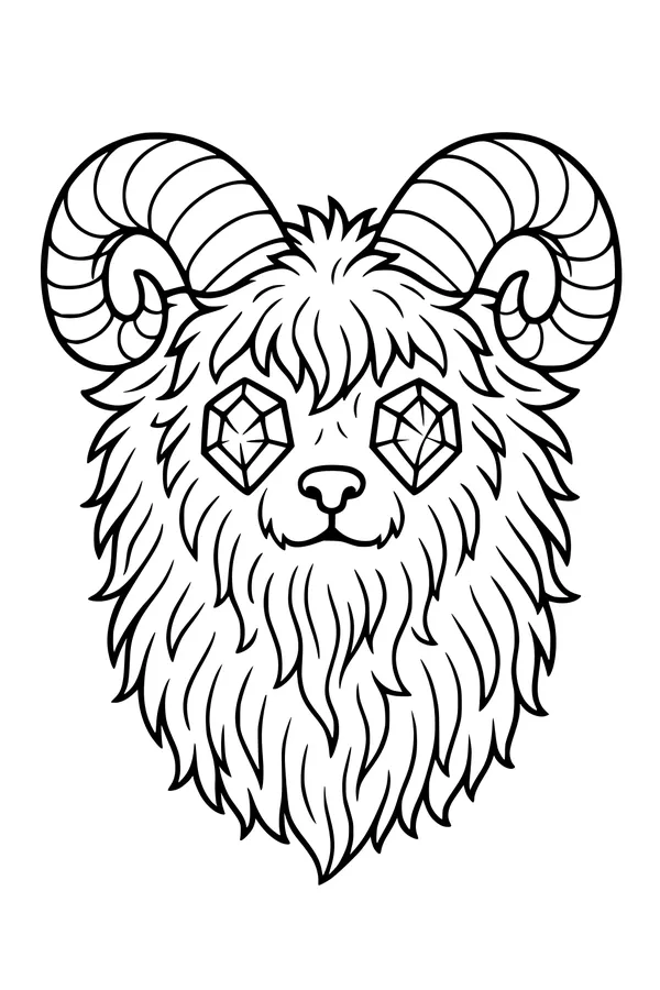 Free Monster Coloring Page - Fuzzy Ram-Horned Creature With Gemstone Eyes (Printable PDF)