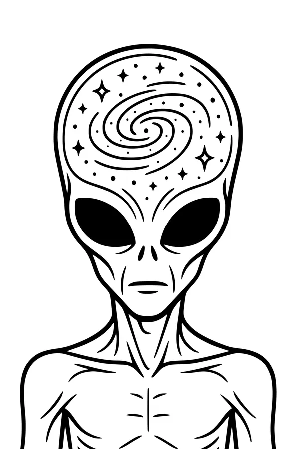 Free Alien Coloring Page - Galaxy Inside Her Head (Printable PDF)