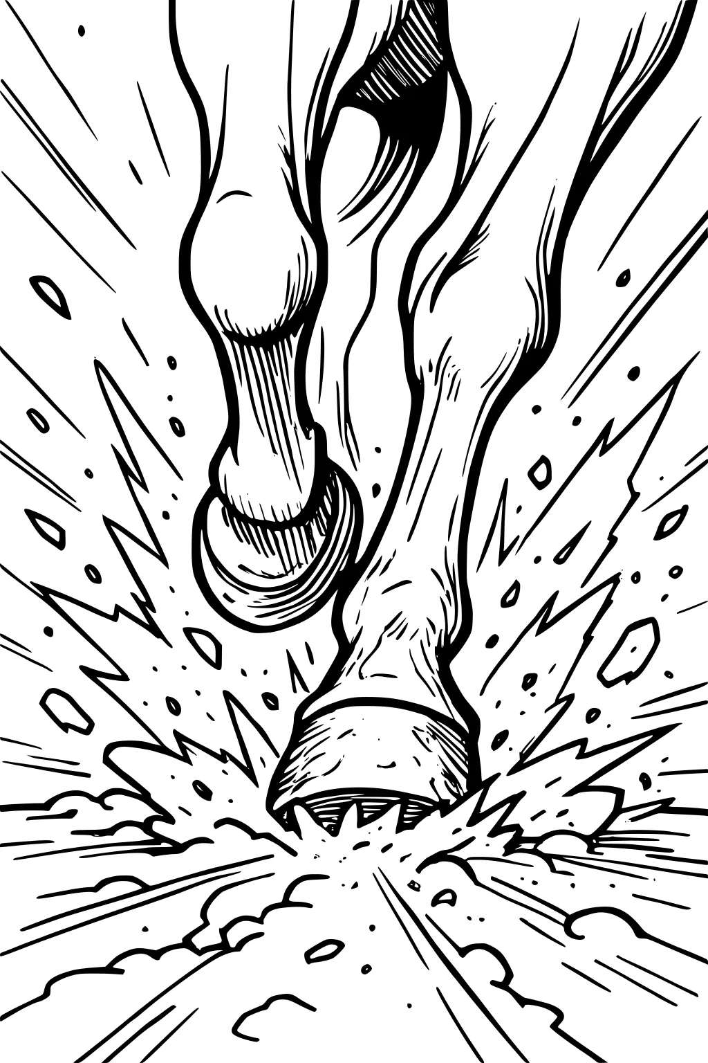 Close-up of a running horse's hooves hitting the ground with dust and rocks flying in all directions.